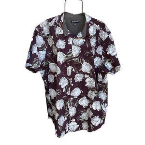 INC Brown Button Down Blouse Shirt W/White Roses Cotton Woman’s Size XXL EUC